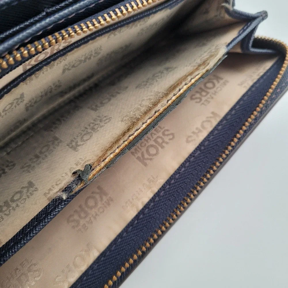 Michael Kors MK Envelop Fulton Flap Wallet Navy Blue Leather Gold Logo Long Fair